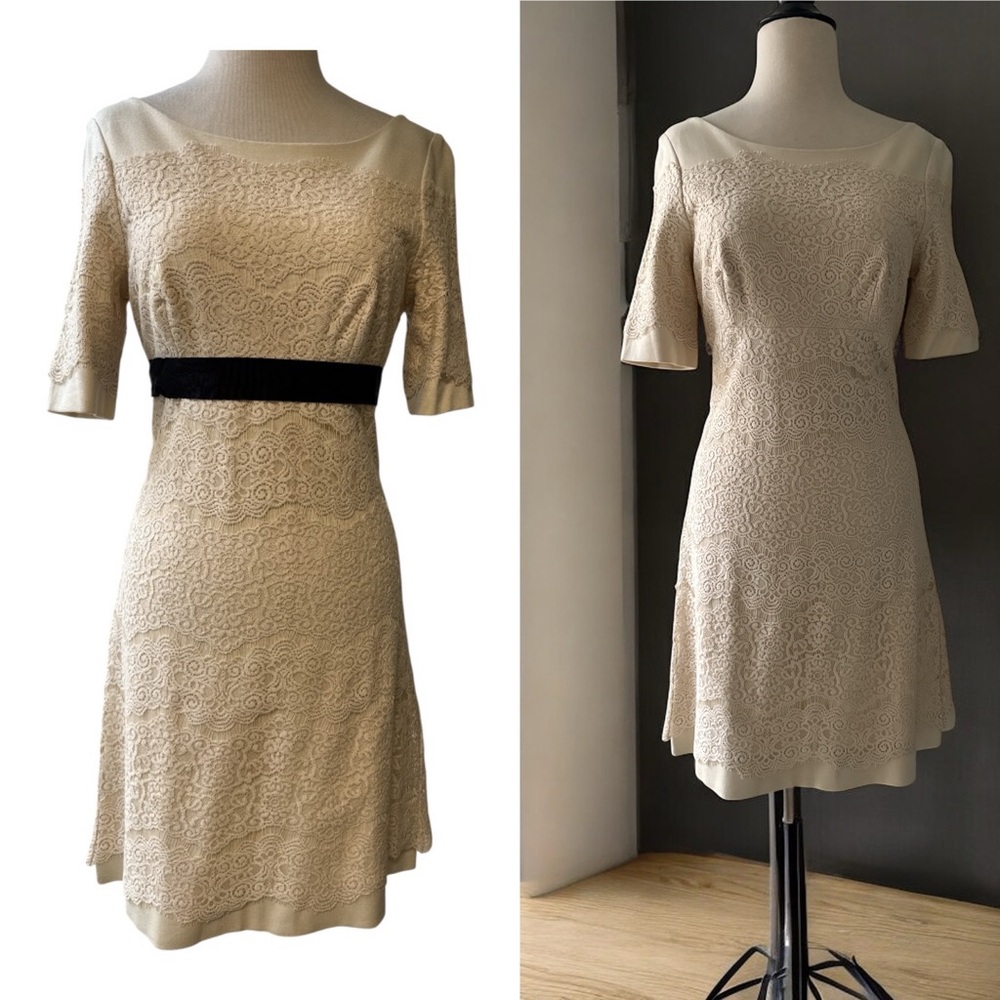 BCBG MAXAZRIA Women’s Ivory White Embroidered Midi Dress Size 4 Black Belt Boho